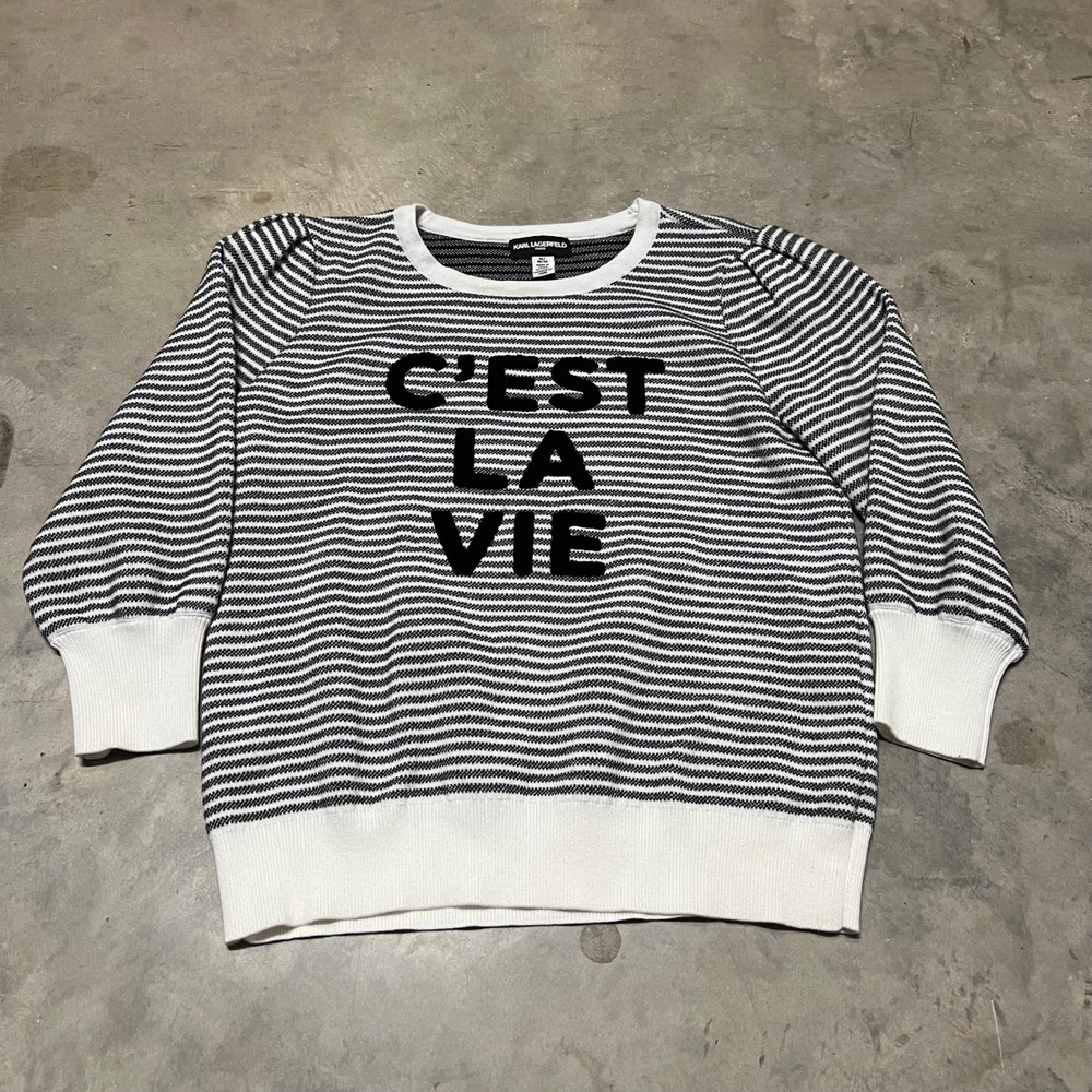 Karl Lagerfeld Paris C'est La Vie Striped Puff Sleeve Sweater Black White M